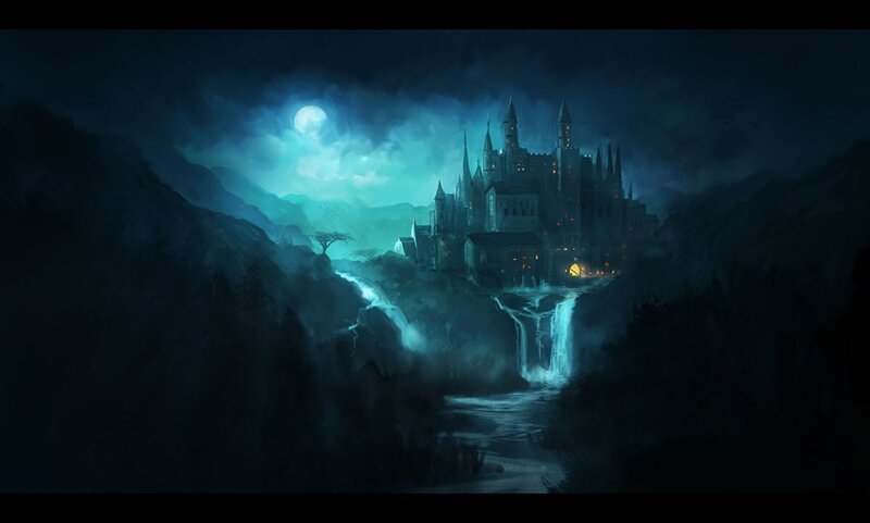 Castle in Mountain Valley — Blue, Dramatic, Night, Digital Art, Moon