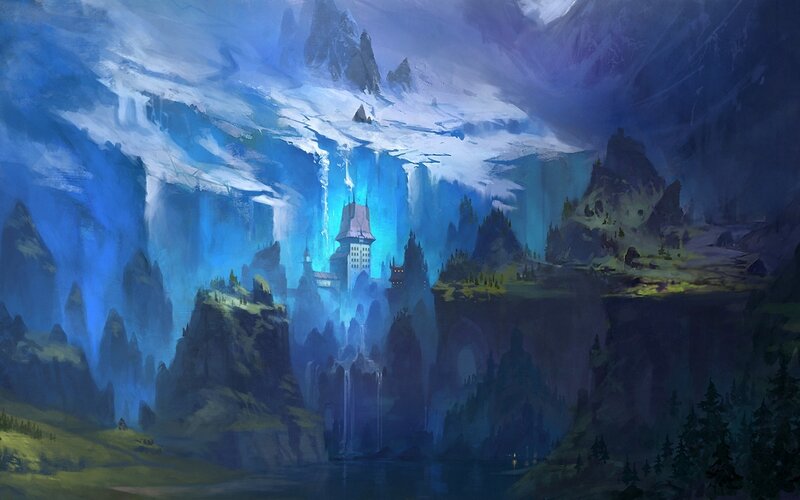 Castle in Mountain Valley — Blue, Dramatic, Night, Digital Art, Mountains