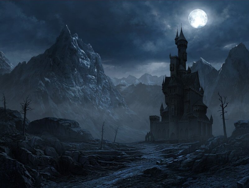 Castle in Mountain Valley — Blue, Dramatic, Night, Digital Art