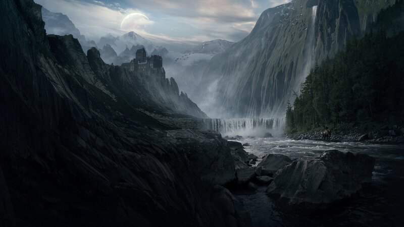 Castle in Mountain Valley — Gray, Dramatic, Night