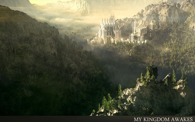 Castle in Mountain Valley — Green, Dramatic, Morning, Digital Art