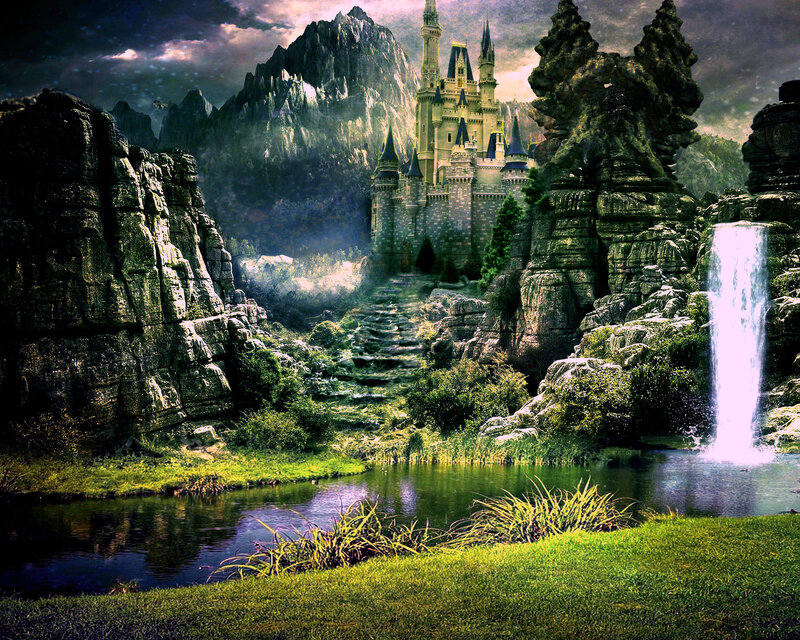 Castle in Mountain Valley — Green, Dramatic, Night, Digital Art