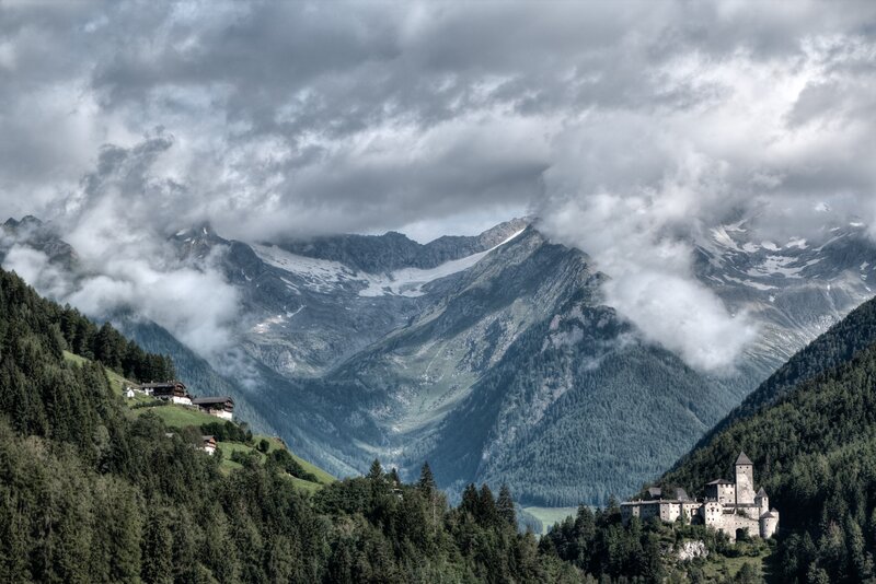 Castle in Mountain Valley — Green, Dramatic, Photograph