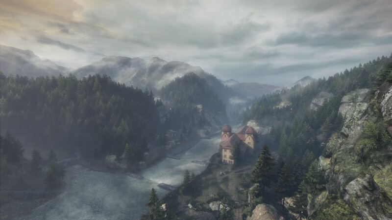 Castle in Mountain Valley — Green, Moody, Misty