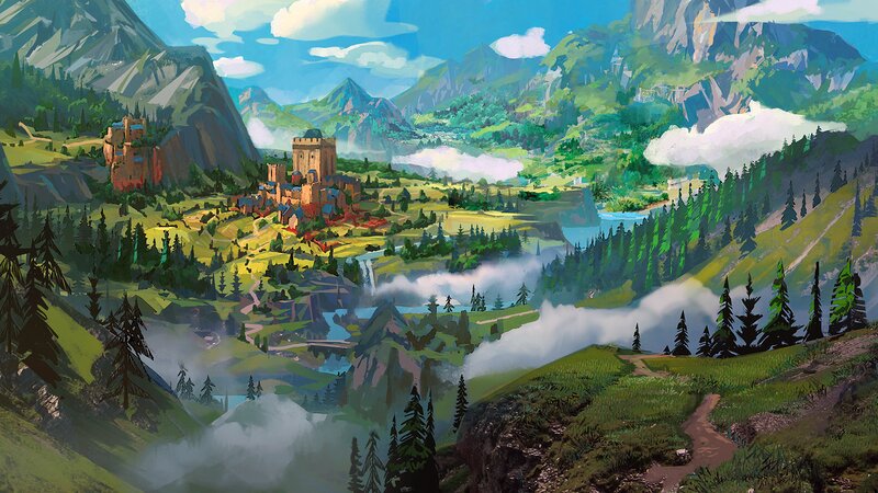 Castle in Mountain Valley — Green, Serene, Afternoon, Digital Art, Mountains, Forest