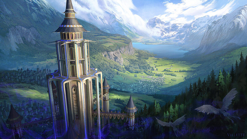 Castle in Mountain Valley — Green, Serene, Afternoon, Digital Art, Mountains, Lake