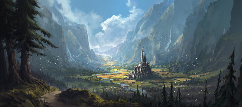 Castle in Mountain Valley — Green, Serene, Afternoon, Digital Art, Mountains, River