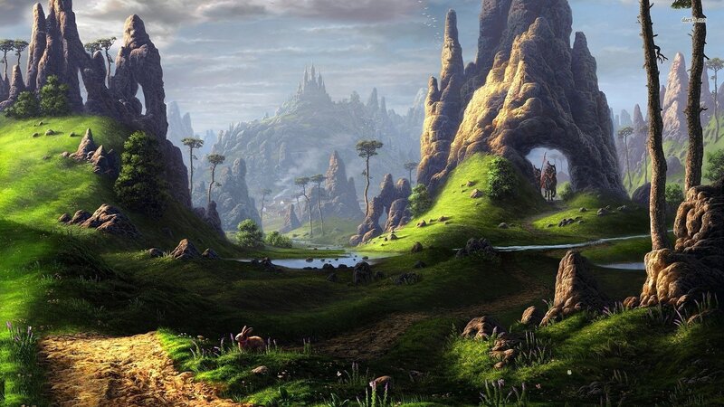 Castle in Mountain Valley — Green, Serene, Afternoon, Digital Art, Mountains