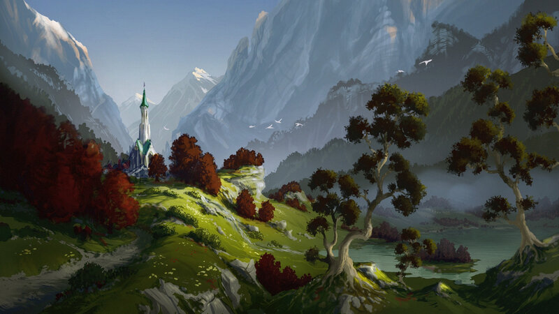 Castle in Mountain Valley — Green, Serene, Afternoon, Digital Art, Mountains, Trees
