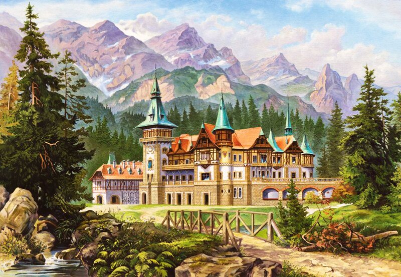 Castle in Mountain Valley — Green, Serene, Afternoon, Painting, Mountains, Forest