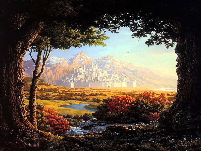 Castle in Mountain Valley — Green, Serene, Afternoon, Painting, Mountains
