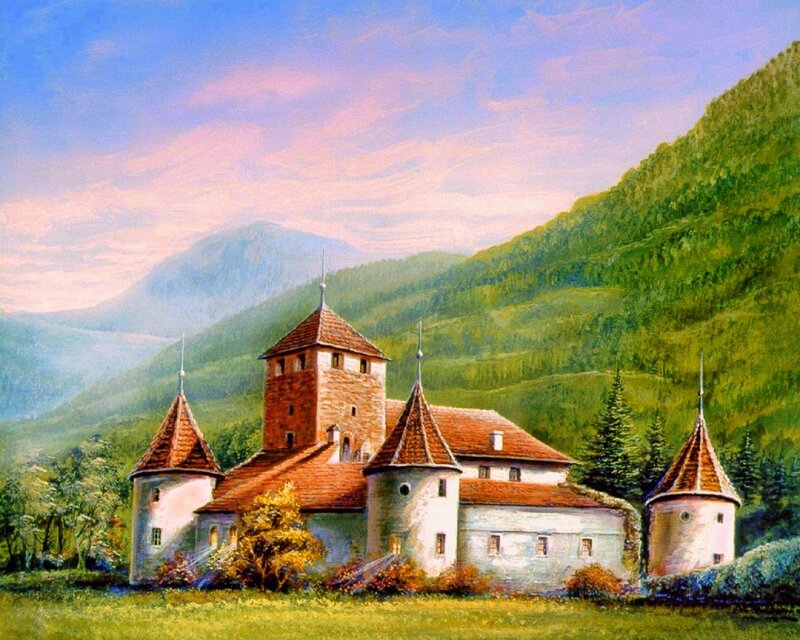 Castle in Mountain Valley — Green, Serene, Afternoon, Painting, Mountains, Trees