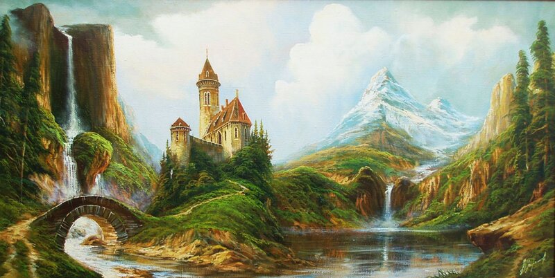 Castle in Mountain Valley — Green, Serene, Afternoon, Painting, River, Bridge