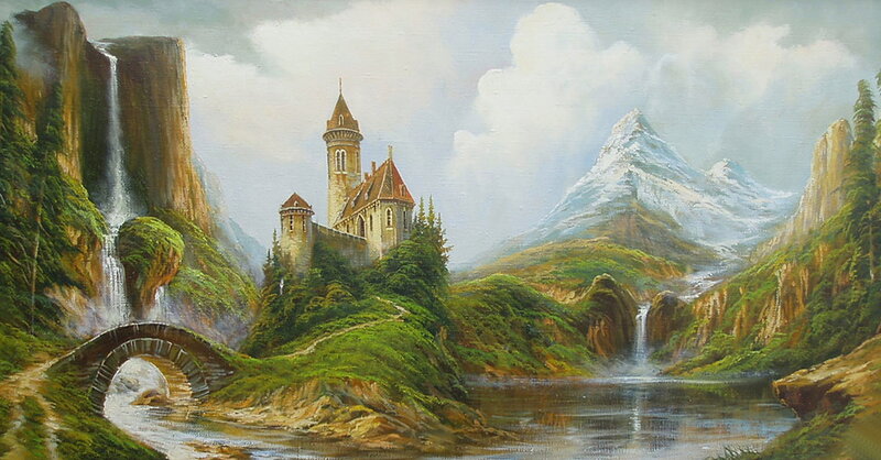 Castle in Mountain Valley — Green, Serene, Afternoon, Painting, River