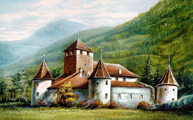 Castle in Mountain Valley — Green, Serene, Afternoon, Painting