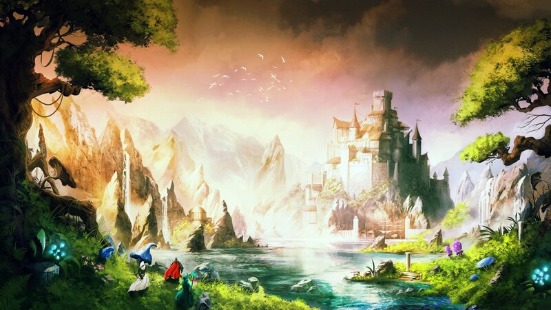 Castle in Mountain Valley — Green, Serene, Sunset