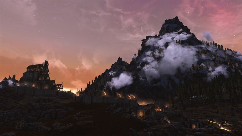 Castle in Mountain Valley — Purple, Dramatic, Night