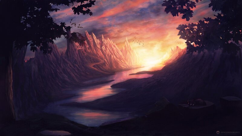 Castle in Mountain Valley — Purple, Dramatic, Sunset, Digital Art