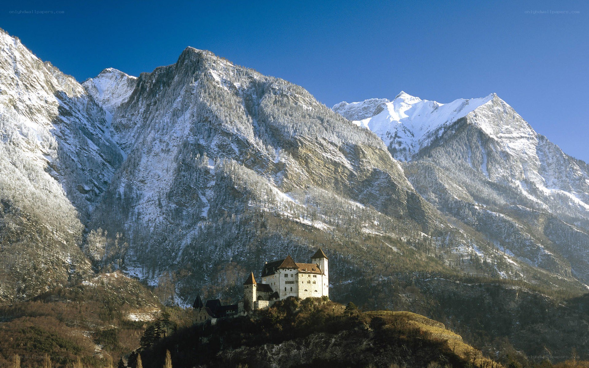 Castle in snowy mountains