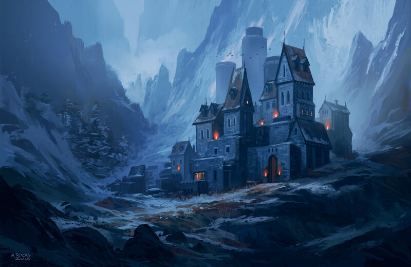 Castle in Snowy Mountains — Blue, Dramatic