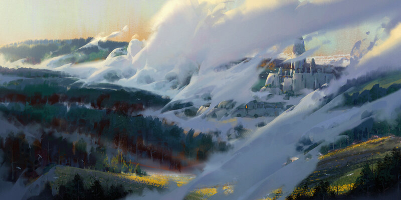 Castle in Snowy Mountains — White, Dramatic, Sunrise