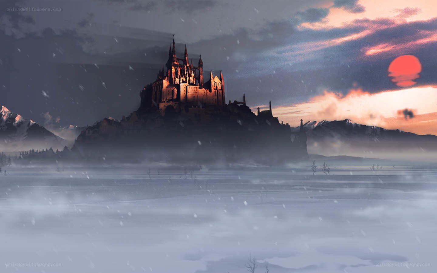 Castle in the snow at sunset