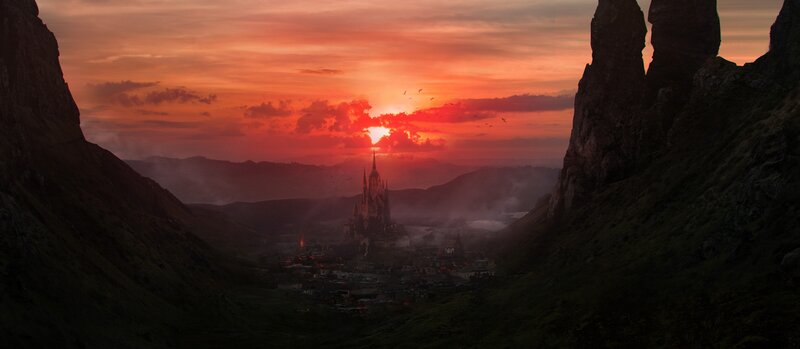 Castle in Valley at Sunset
