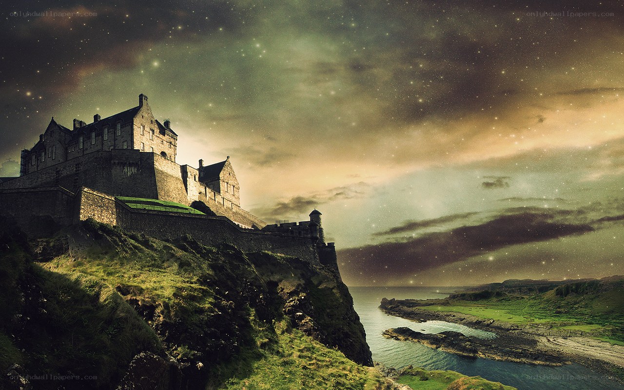 castle on a cliff at night