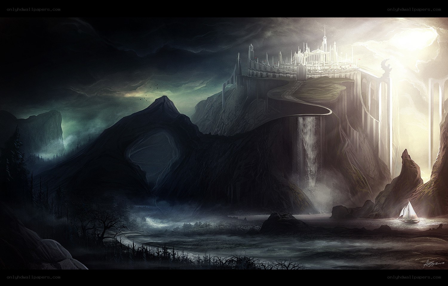 Castle on a cliff at night