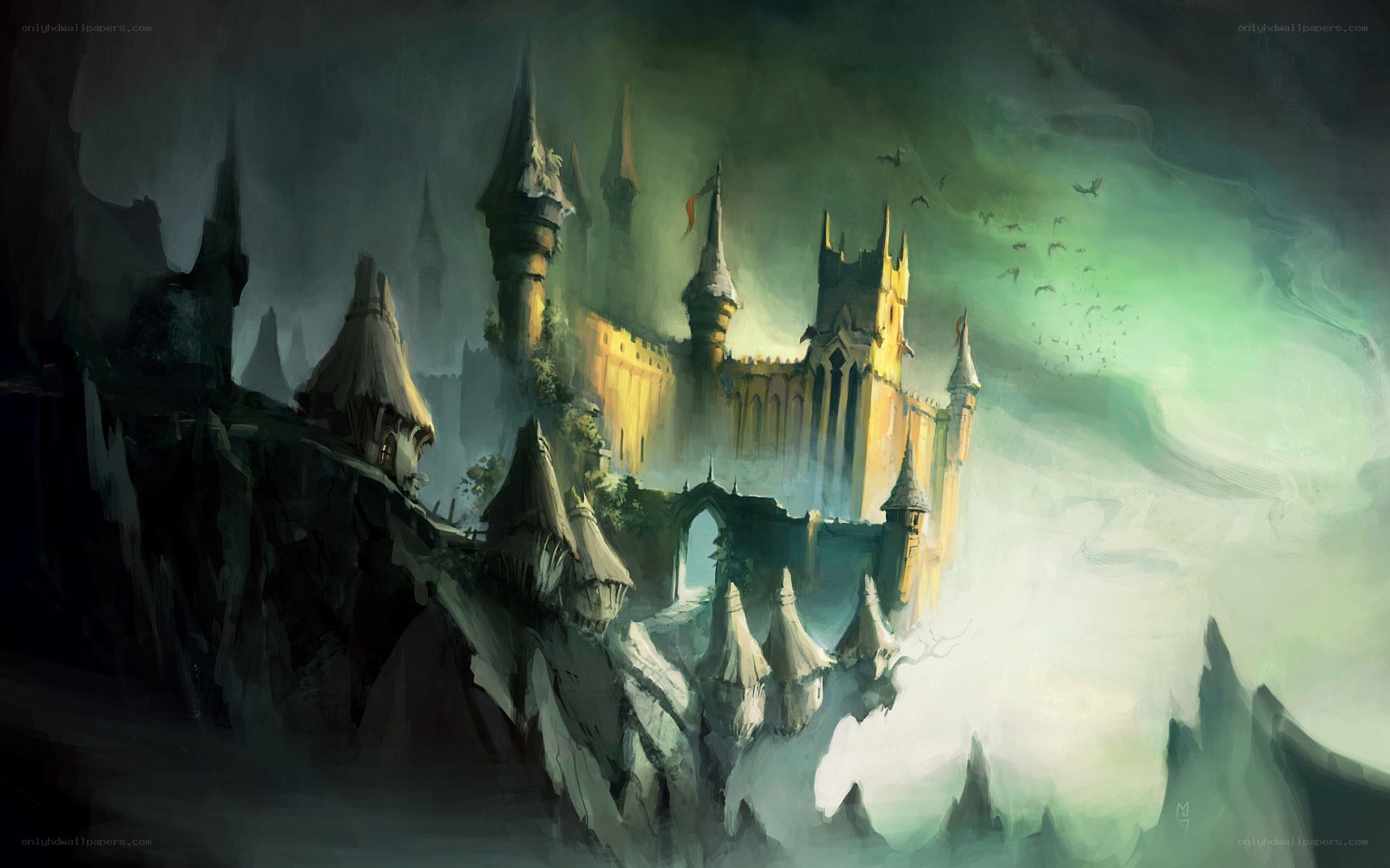 castle on a cliff at night