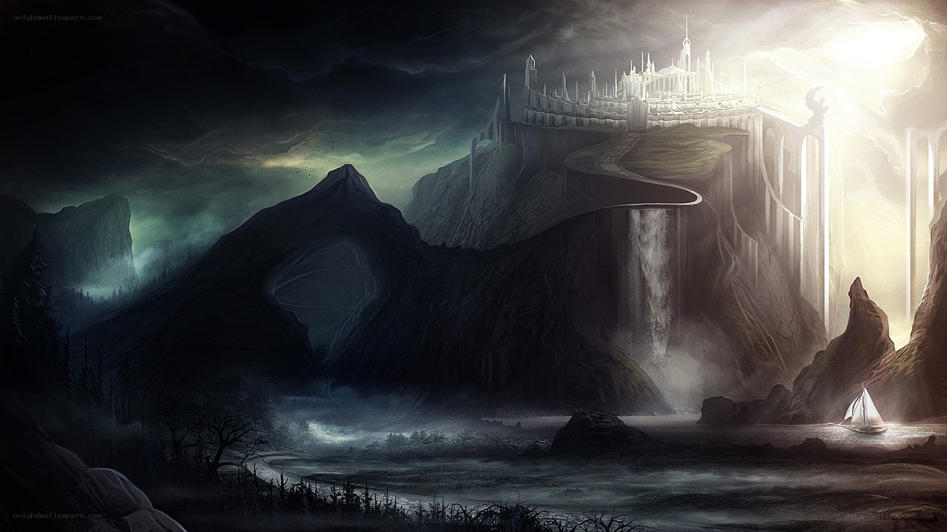 Castle on a cliff at night