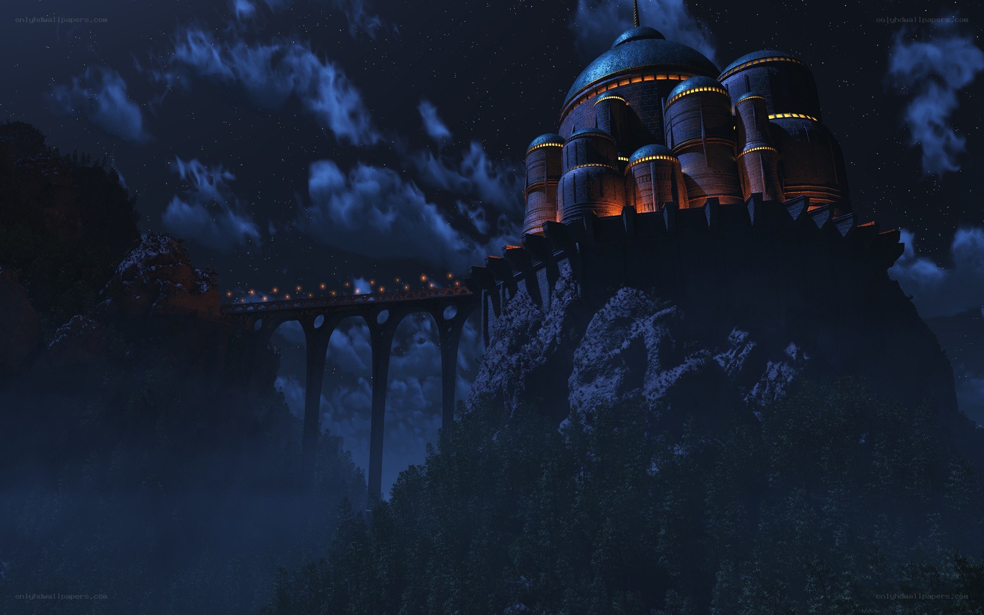 castle on a cliff at night