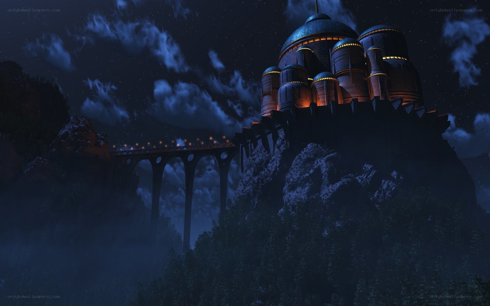 castle on a cliff at night
