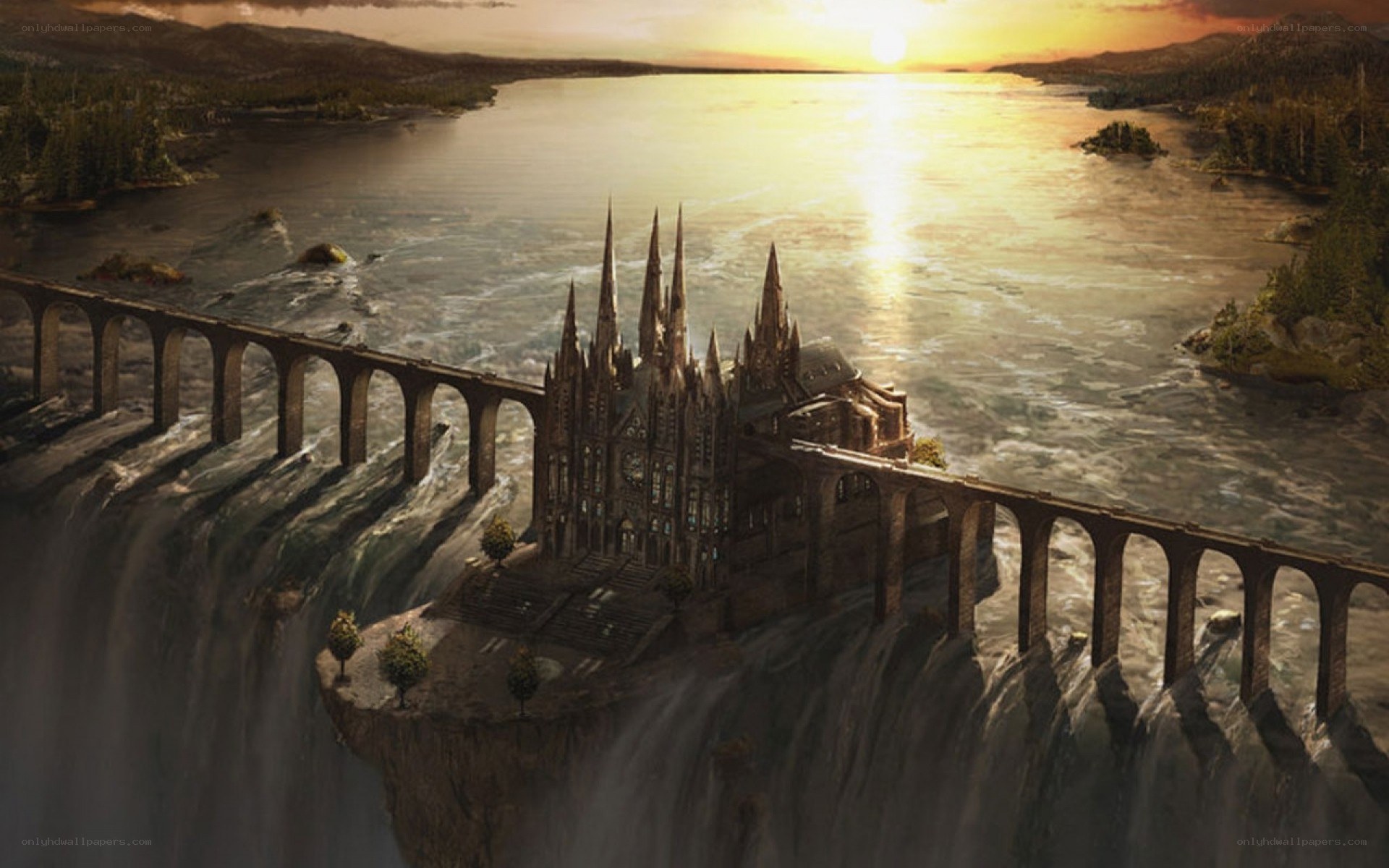 castle on a cliff at sunset