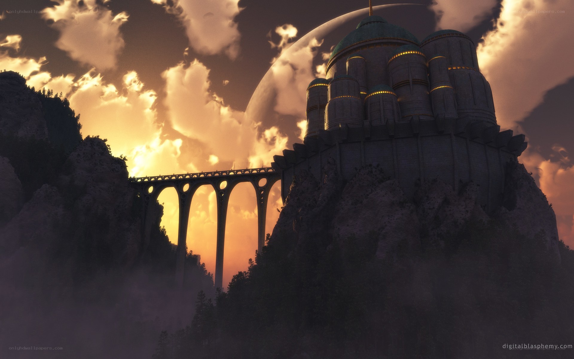 castle on a cliff at sunset