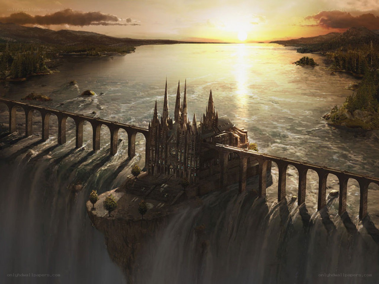 castle on a cliff at sunset