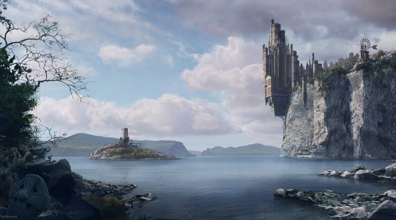 Castle on a Cliff — Blue, Dramatic, Afternoon, Digital Art, Island