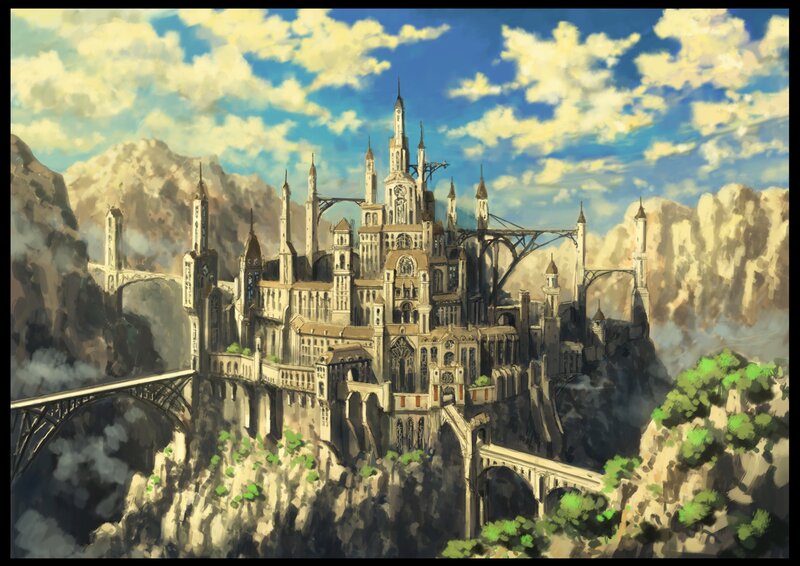 Castle on a Cliff — Blue, Dramatic, Afternoon, Digital Art, Mountains, Bridge