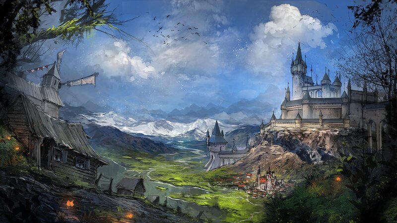 Castle on a Cliff — Blue, Dramatic, Afternoon, Digital Art, Mountains