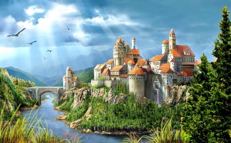 Castle on a Cliff — Blue, Dramatic, Afternoon, Digital Art, River