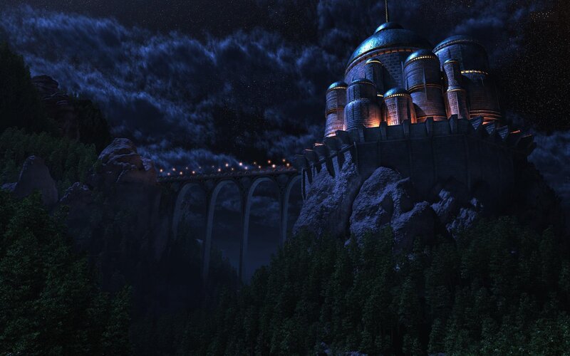 Castle on a Cliff — Blue, Dramatic, Night, 3d Render, Bridge