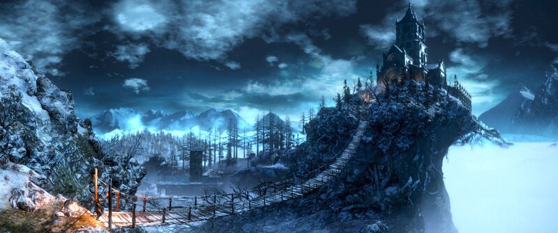 Castle on a Cliff — Blue, Dramatic, Night, Digital Art, Bridge, Mountains