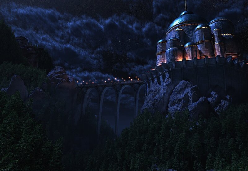 Castle on a Cliff — Blue, Dramatic, Night, Digital Art, Bridge