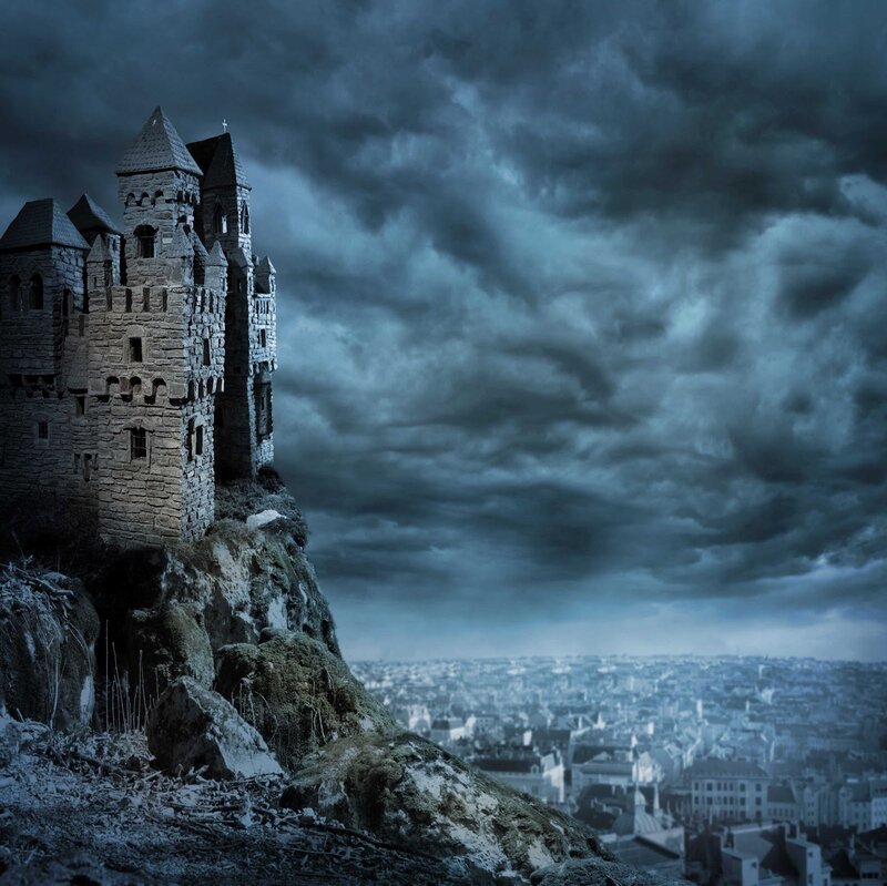 Castle on a Cliff — Blue, Dramatic, Night, Digital Art, City