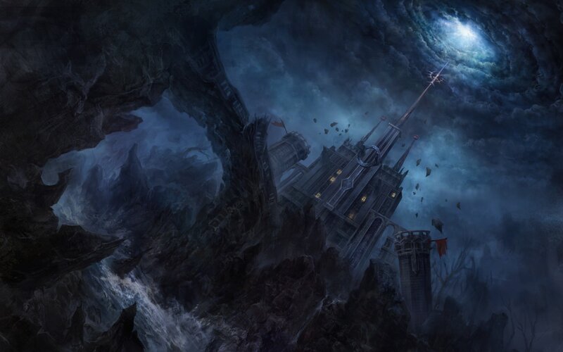Castle on a Cliff — Blue, Dramatic, Night, Digital Art, Clouds, Moon
