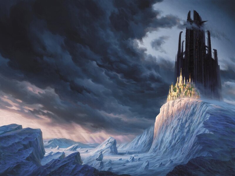 Castle on a Cliff — Blue, Dramatic, Night, Digital Art, Clouds, Mountains, Sky