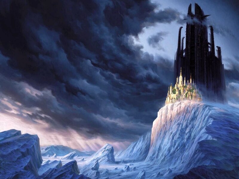 Castle on a Cliff — Blue, Dramatic, Night, Digital Art, Clouds, Mountains