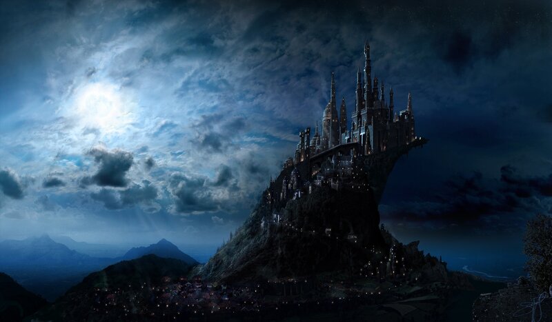 Castle on a Cliff — Blue, Dramatic, Night, Digital Art, Moon, Clouds