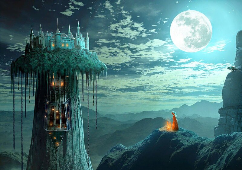 Castle on a Cliff — Blue, Dramatic, Night, Digital Art, Moon, Fire