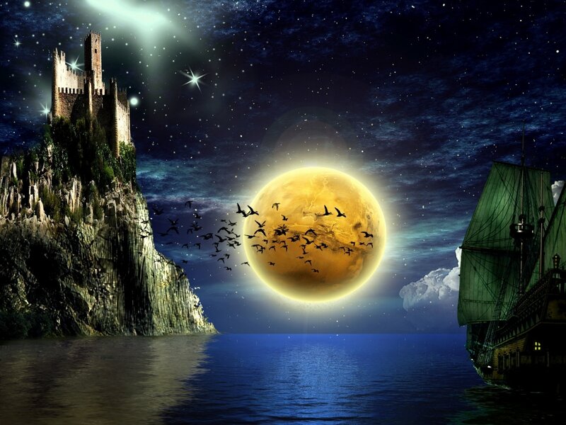 Castle on a Cliff — Blue, Dramatic, Night, Digital Art, Moon, Ship